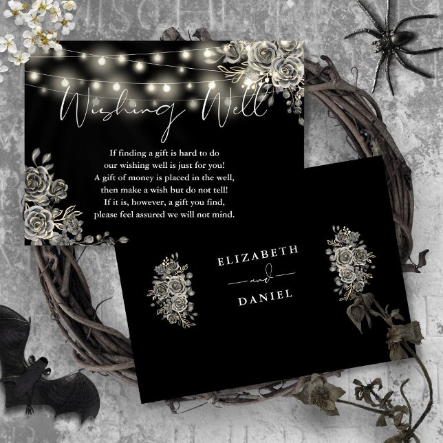 Schwarz-Gotische Rose Lights Wunschhochzeit Begleitkarte (Black Gothic Rose Lights Wishing Well Wedding Enclosure Card)