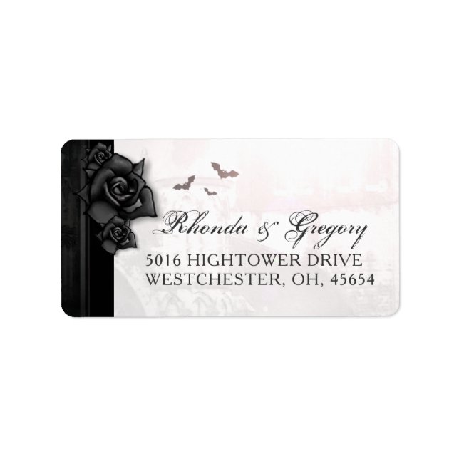 Schwarz-Gotische Rose und Fledermäuse Hochzeitsken Adressaufkleber (Vorne)