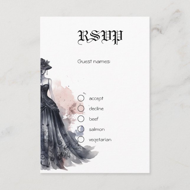 Schwarz-gotisches Kleid Hochzeitskarte Begleitkarte (Vorderseite)