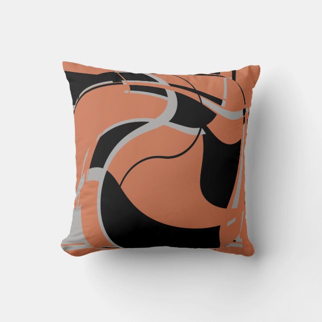 Schwarz Grau auf Burnt Orange Swirling Abstrakt Mo Kissen (Vorderseite)