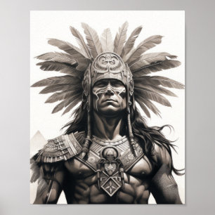 Schwarz-Grau-Aztekenkrieger im weißen Hintergrund  Poster