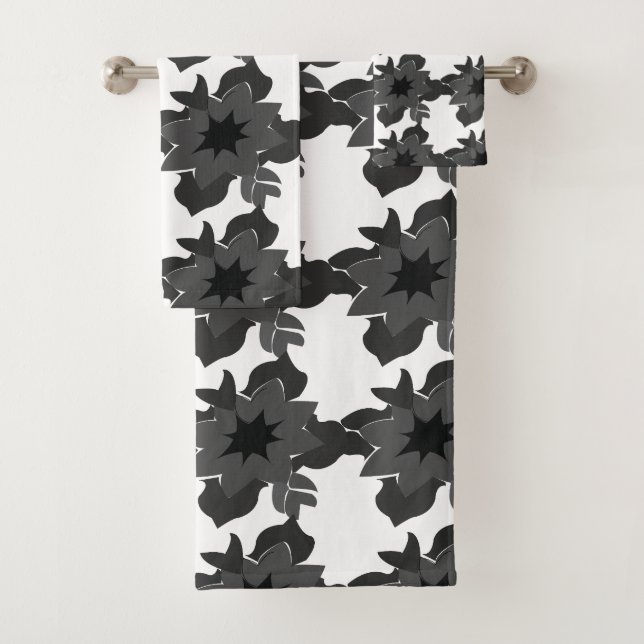 Schwarz-Grau Dekorative Chic Abstraktes Blumenmust Badhandtuch Set (Insitu)