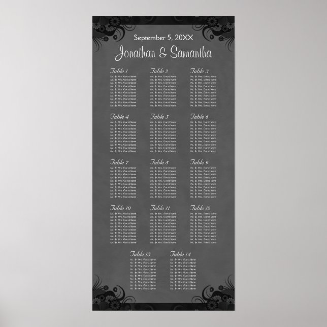 Schwarz/Grau Goth Hochzeit 14 Tafelsitzdiagramm Poster (Vorne)