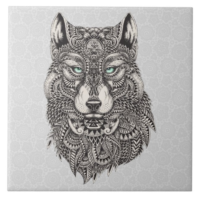 Schwarz-Grau-Grüne-Wolf-Illustration Fliese (Vorderseite)