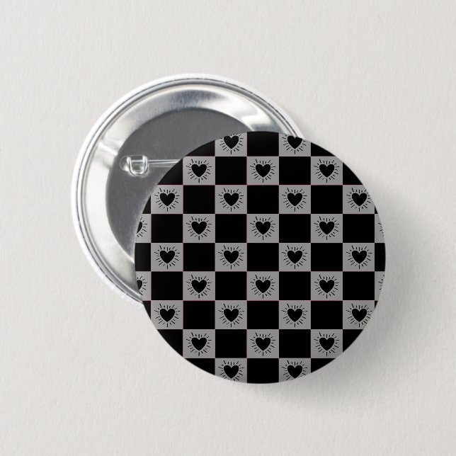 Schwarz&Grau karierte Fliese mit Herzen-Muster Button (Vorne & Hinten)