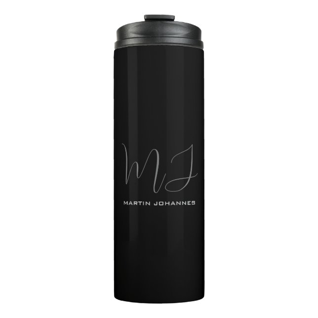 Schwarz-Grau-Mit Monogramm Name Moderner Minimalis Thermosbecher (Vorderseite)