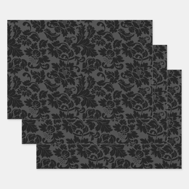 Schwarz & Grau Monotones Floral Damask Geschenkpapier Set (Set)