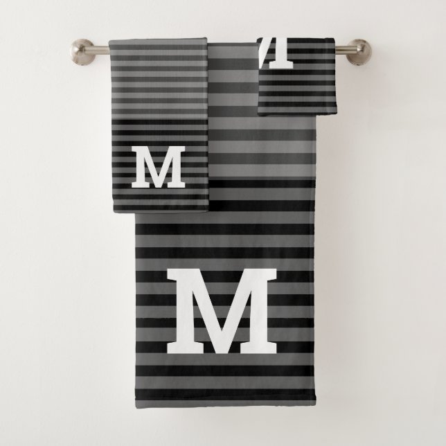 Schwarz-Grau-Ombre Streifen Mit Monogramm Badhandtuch Set (Insitu)