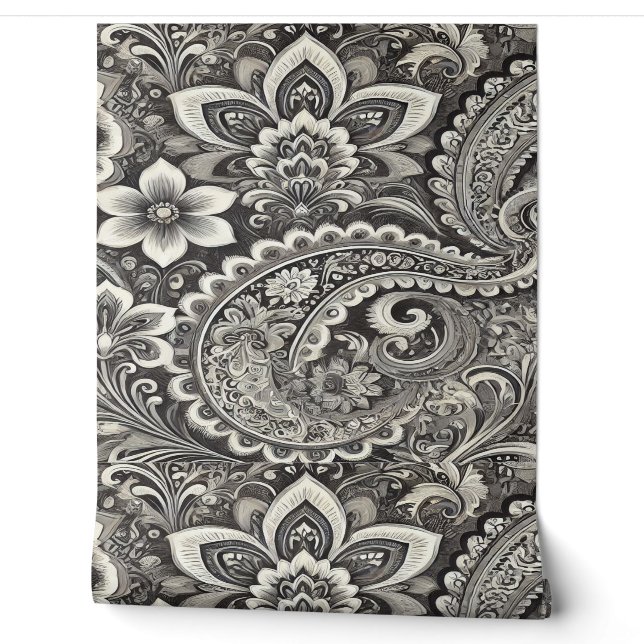 Schwarz-Grau-Paisley-Muster Tapete (Abrollen)