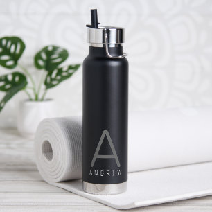Schwarz-Grau Personalisiert Modernes Monogramm Trinkflasche