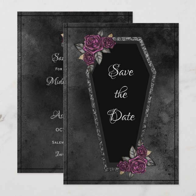 Schwarz-Grau-Rose Sparkle Halloween Save The Date (Vorne/Hinten)