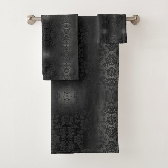 Schwarz-Grau-Silberne Blume Blumengestein Badhandtuch Set (Insitu)