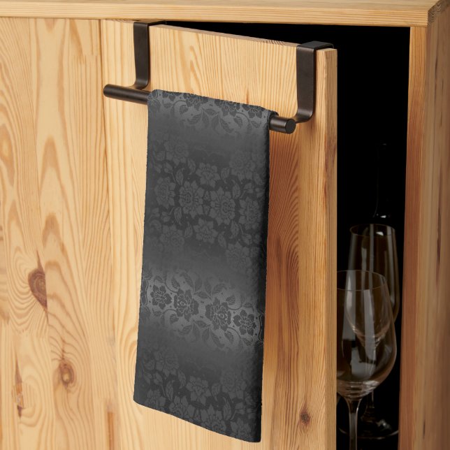 Schwarz-Grau-Silberne Blume Blumengestein Geschirrtuch (Drittel gefaltet)