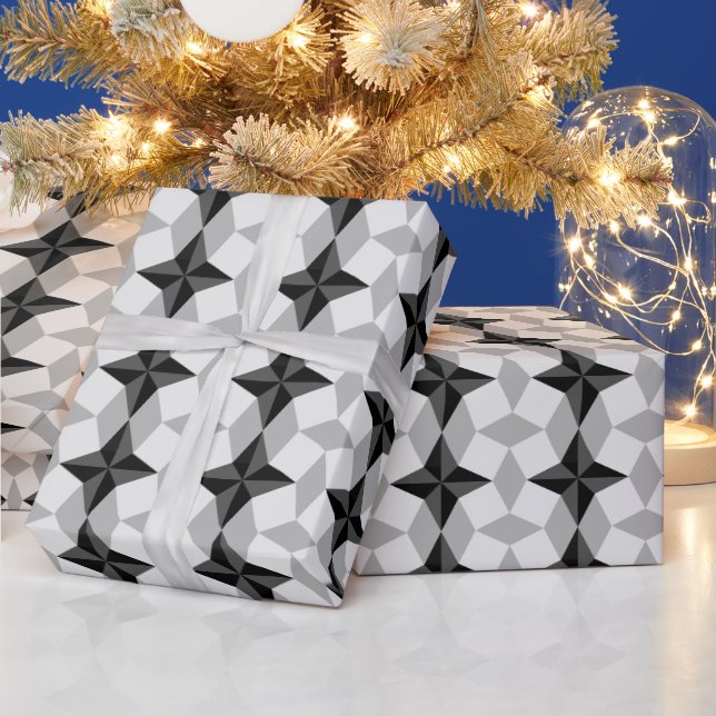 Schwarz-Grau-Starbust-Muster und Rhombus-Muster Geschenkpapier (Feiertage)