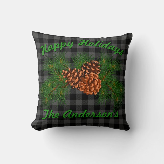 Schwarz-Grau-Tartan-kariertes Muster Pinecon Kissen (Vorderseite)