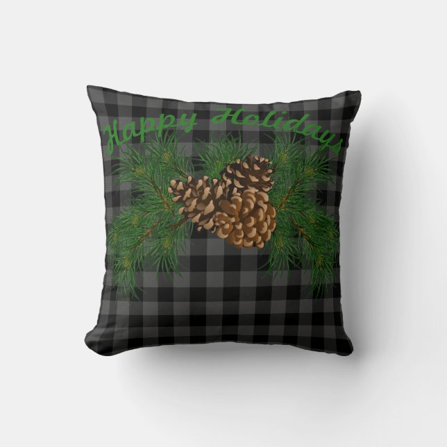 Schwarz-Grau-Tartan-kariertes Muster Pinecon Kissen (Vorderseite)