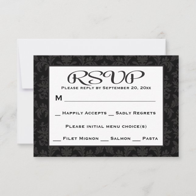 Schwarz-Grau-UAWG Damask Blumenzehen / Party RSVP Karte (Vorderseite)