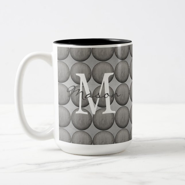 Schwarz, Grau und Weiß-Polka-Dot-Monogramm Zweifarbige Tasse (Links)