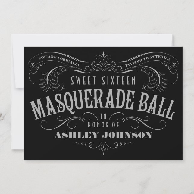 Schwarz, Grau und Weiß Sweet 16 Masquerade Einladu Einladung (Vorderseite)