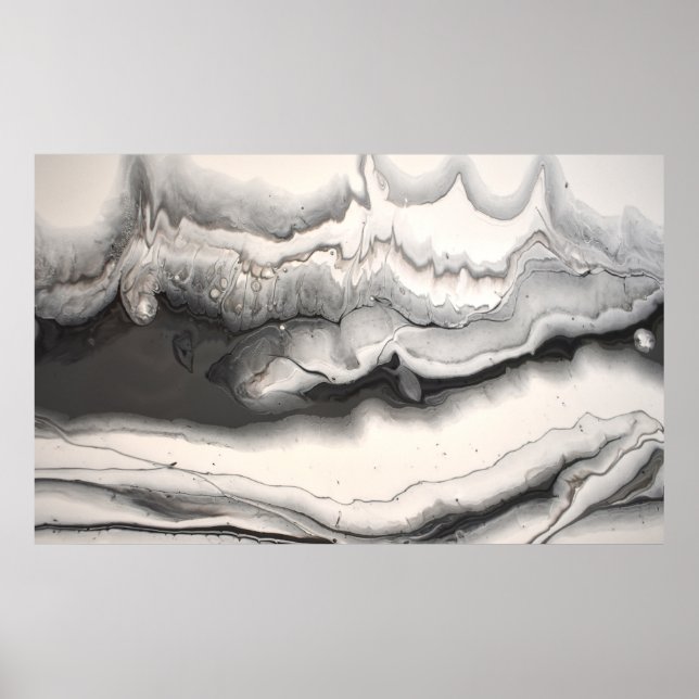 Schwarz-Grau-Weiß-Abstrakte Fluid Art Poster (Vorne)