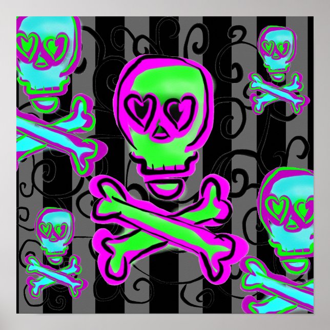 Schwarz-Grau-Wirbel mit Neon Skulls Poster (Vorne)