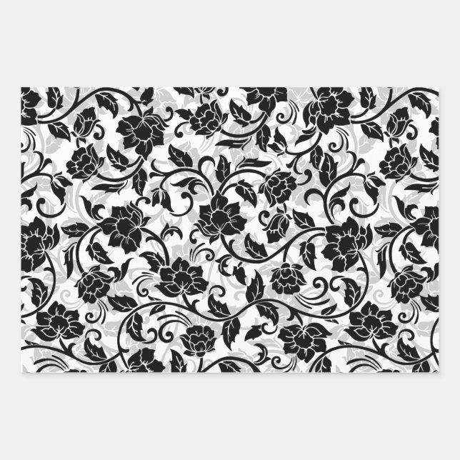 Schwarz-Grau-wirbelnde Blume Geschenkpapier Set (Vorderseite)