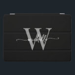 Schwarz-Graue Personalisierte Monogrammnamensschri iPad Pro Cover<br><div class="desc">Girly Elegant Schwarz und Gray Einfach Minimal Monogram Initial Name Script Custom Personalisiert iPad Cover. Diese Design mit Ihrem Vornamen in einem hübschen handgeschriebenen Stil Swash Schwanz Schriftart Typografie (oder Kalligrafie) mit Monogramm initial in weiß und grau auf schwarzem Hintergrund. Diese lassen sich einfach anpassen. Große stilvolle weibliche Geschenke zum...</div>