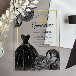Schwarz-Graue Rose Gold Quinceanera Acryleinladungen