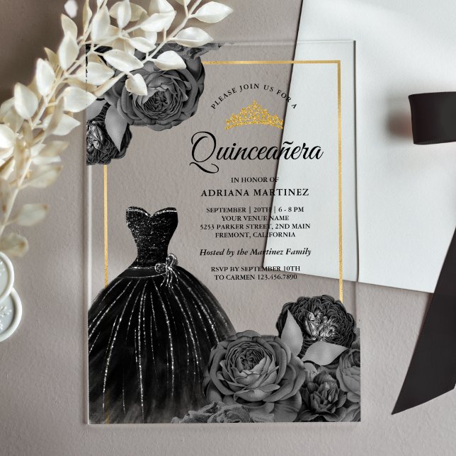 Schwarz-Graue Rose Gold Quinceanera Acryleinladungen (Von Creator hochgeladen)