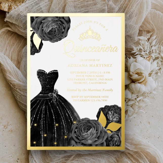 Schwarz-Graue Rose Quinceanera Gold Folieneinladung (Von Creator hochgeladen)