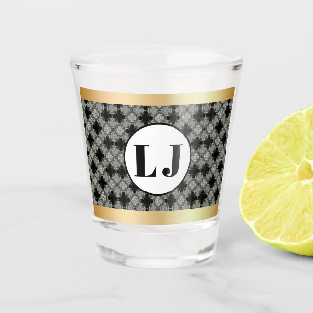 Schwarz-Graues Blumenmuster mit Monogramm Schnapsglas (Vorderseite)