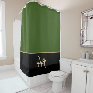Schwarz   Green & Gold Monogram Elegant Luxury Duschvorhang