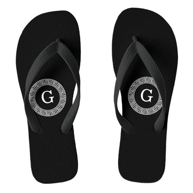 Schwarz-Griechischer Schlüsselrahmen, erstes Monog Flip Flops (Fußbett)