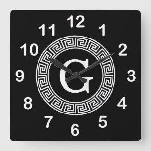 Schwarz-Griechischer Schlüsselrahmen, erstes Monog Quadratische Wanduhr