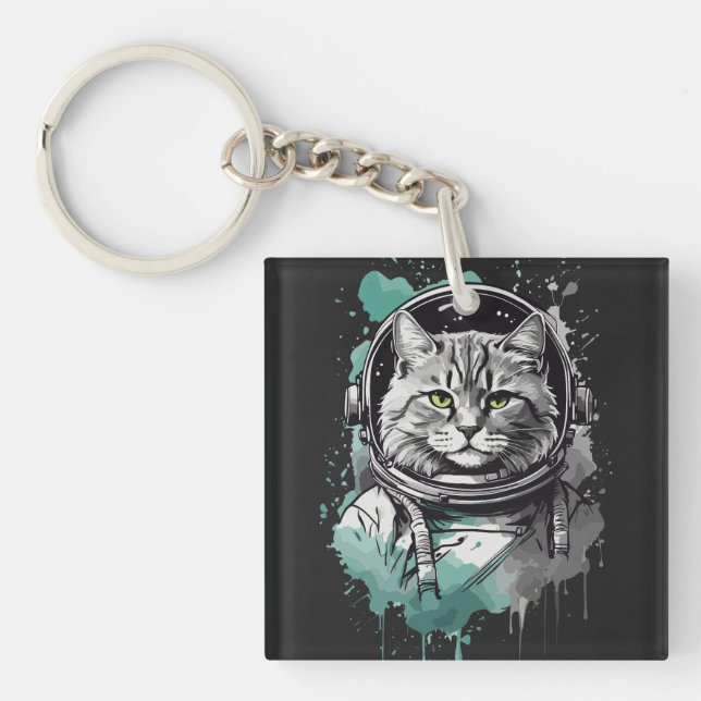 Schwarz-Grün-Astronaut-Katzendesign Schlüsselanhänger (Vorderseite)