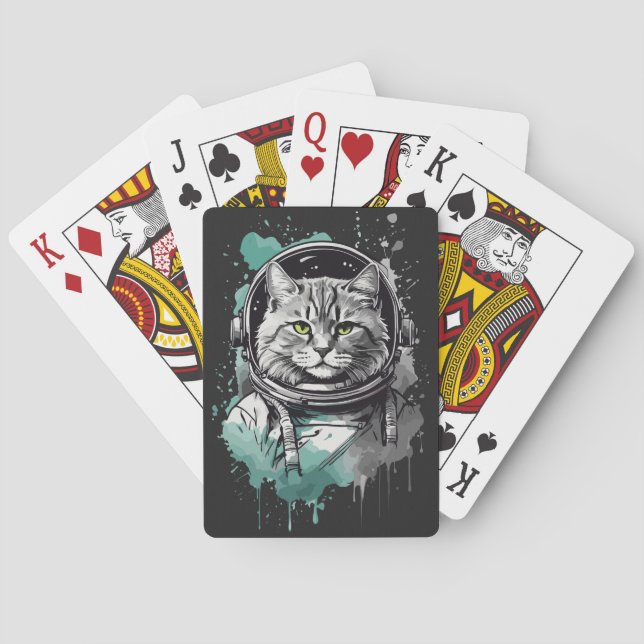 Schwarz-Grün-Astronaut-Katzendesign Spielkarten (Rückseite)