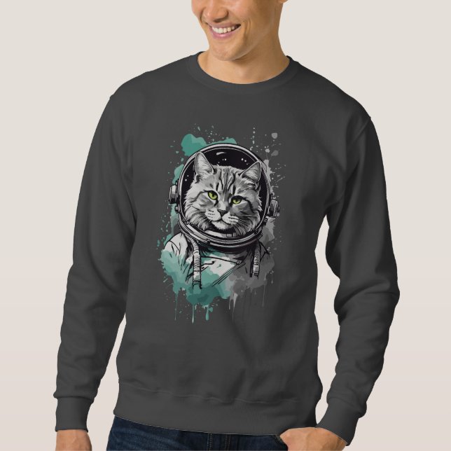 Schwarz-Grün-Astronaut-Katzendesign Sweatshirt (Vorderseite)