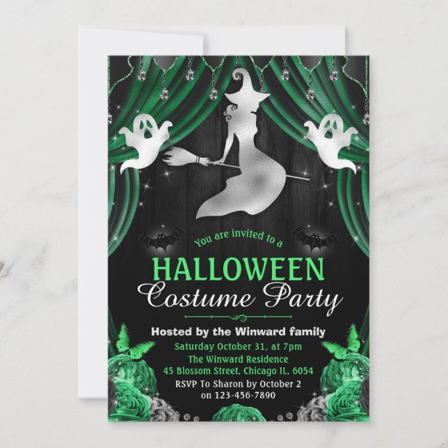 Schwarz-Grün-Hexe und Shimmer-Vorhänge Halloween Einladung (Vorderseite)