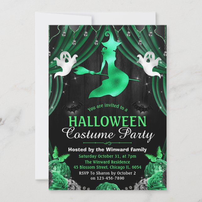 Schwarz-Grün-Hexe und Shimmer-Vorhänge Halloween Einladung (Vorderseite)
