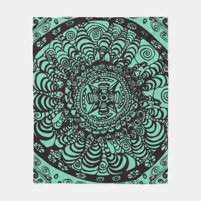 Schwarz-Grün-Mandala-Fleece Fleecedecke (Vorderseite)