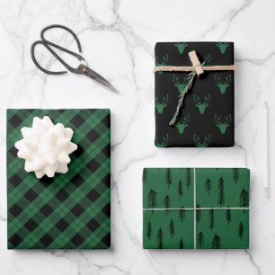 Schwarz-Grün Mixed Rustikale Muster Hirschwald Ka Geschenkpapier Set