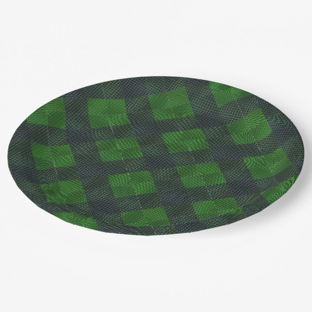 Schwarz-Grün-Quadrate oder karierter Stil Pappteller (Schrägansicht)