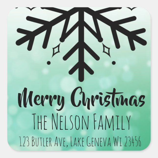 Schwarz-Grün-Schneeflocke Personalisierte Weihnach Quadratischer Aufkleber (Vorderseite)