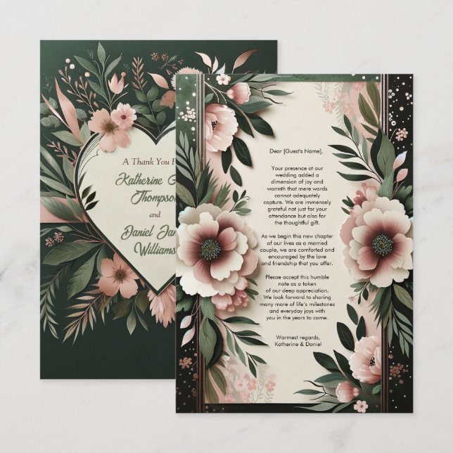 Schwarz-Grün- und Blütenrosa-Blütenhochzeit Dankeskarte (Vorne/Hinten)