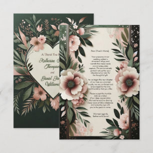 Schwarz-Grün- und Blütenrosa-Blütenhochzeit Dankeskarte