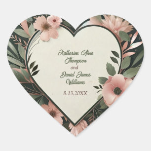 Schwarz-Grün- und Blütenrosa-Blütenhochzeit Herz-Aufkleber