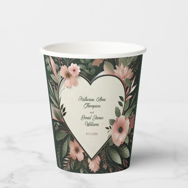 Schwarz-Grün- und Blütenrosa-Blütenhochzeit Pappbecher (Vorderseite)