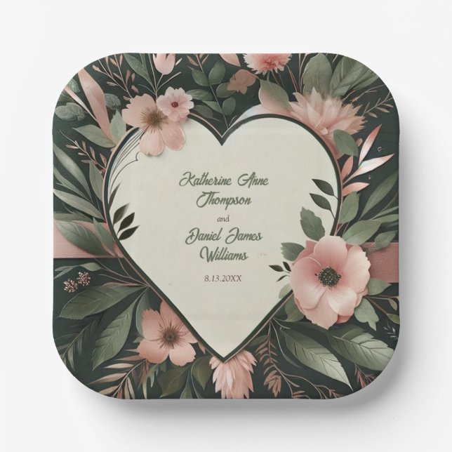 Schwarz-Grün- und Blütenrosa-Blütenhochzeit Pappteller (Vorderseite)