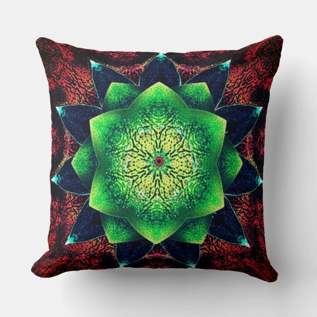 Schwarz-grüne digitale Blume über Rot Kissen (Vorderseite)