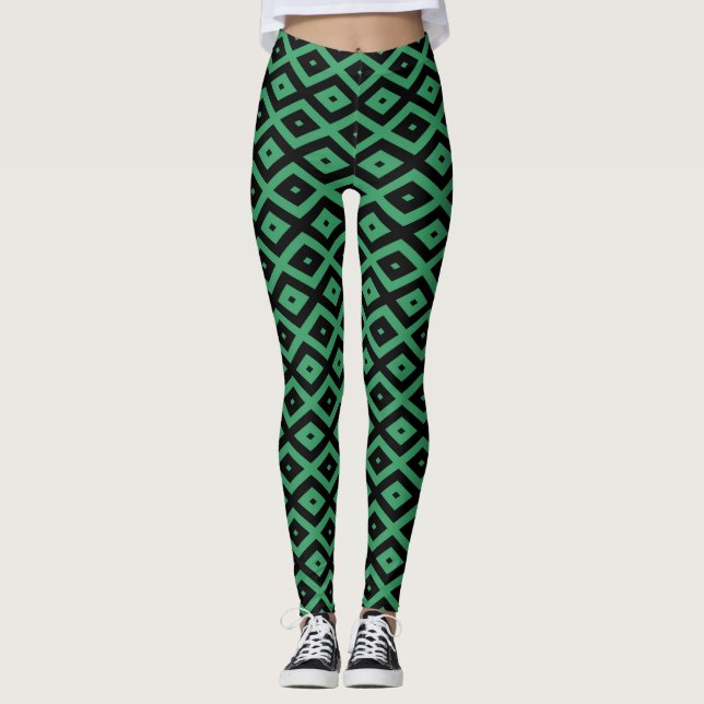Schwarz-grünes Diamantmuster Leggings (Vorderseite)